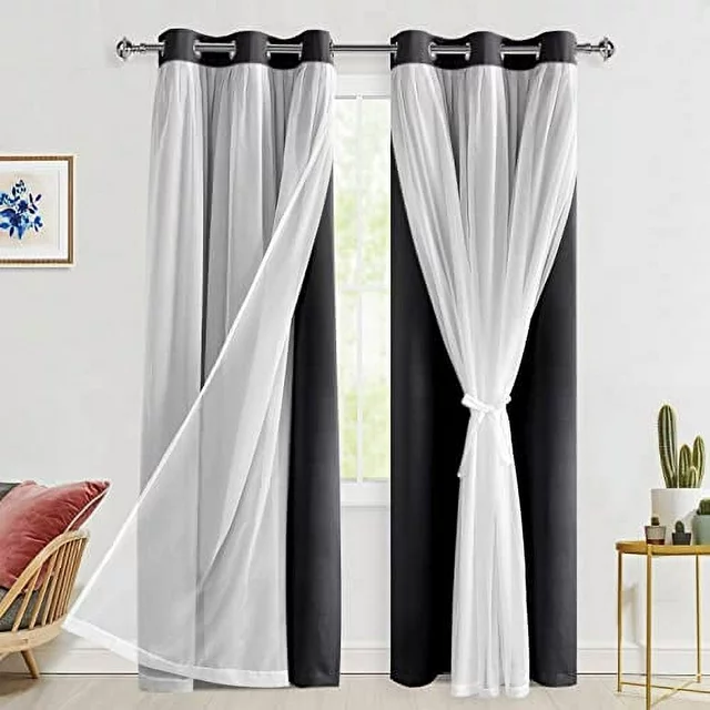 Hiasan Black Blackout Curtains with Sheer 84 Inches Long, Thermal Insulated Mix & Match Double Layer Room Darkening Curtains for Bedroom, Living Room, 2 Window Drape Panels with Tiebacks, 38W X 84L