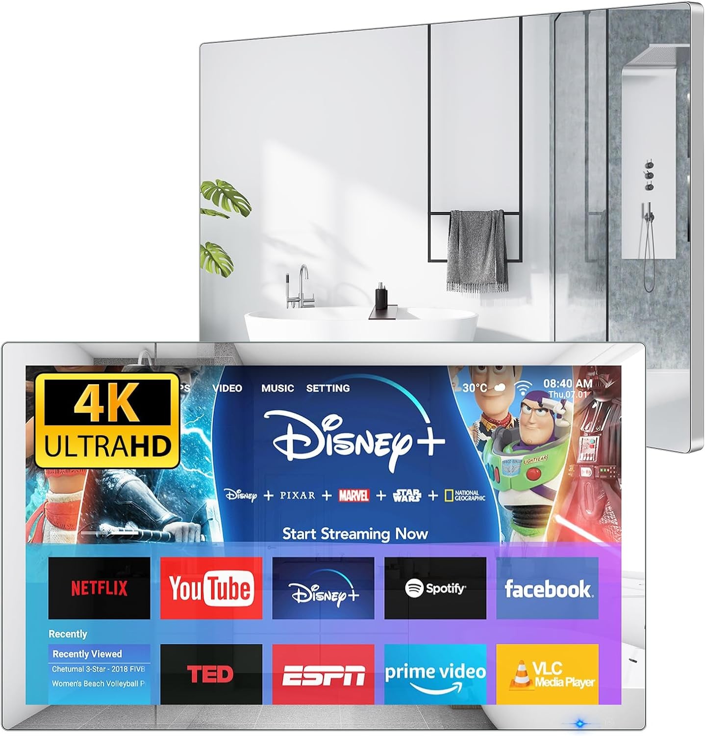 Haocrown 32 Inch Smart Bathroom TV 4K Ultra HD Android TV IP66 Waterproof Smart Mirror TV Google Assistant Built-in with Voice Remote,ATSC Tuner, Suitable for Bathroom Sauna(Silver Frame)