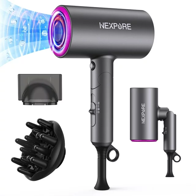 Hair Dryer, NEXPURE 1800W Professional Ionic Hairdryer for Hair Care, Powerful Hot/Cool Wind Blow Dryer with Diffuser, Nozzle, ETL, UL and ALCI Safety Plug (Dark Grey)