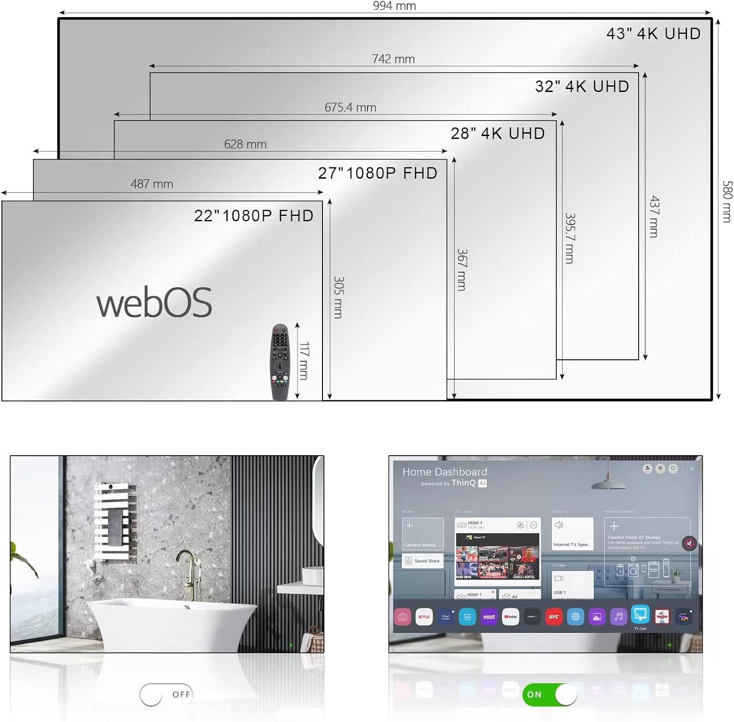 Soulaca 28" inches Smart webOS Bathroom 4K LED TV Mirror Waterproof ATSC WiFi Hotel Bluetooth 2024 New Model