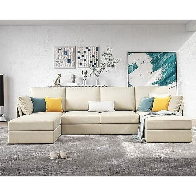 Papajet Modular Sectional Sofa, 6 Seats U-shaped Oversized Couch with Storage , Ottomans- Chenille Beige